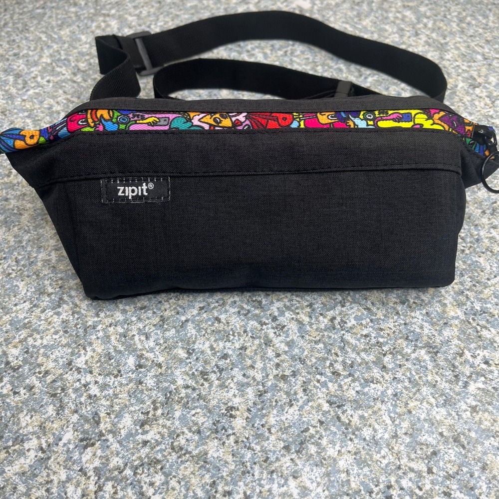 Zipit Hip Bag Fanny Pack Black Multi Color Doodle Print Adjustable Strap Canvas